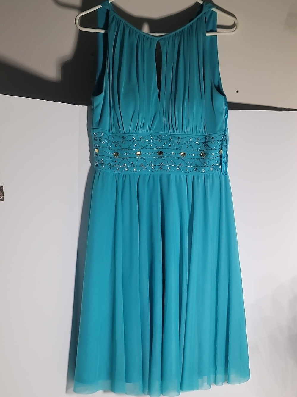 Teal Sleeveless Beaded Waist A-Line Dress